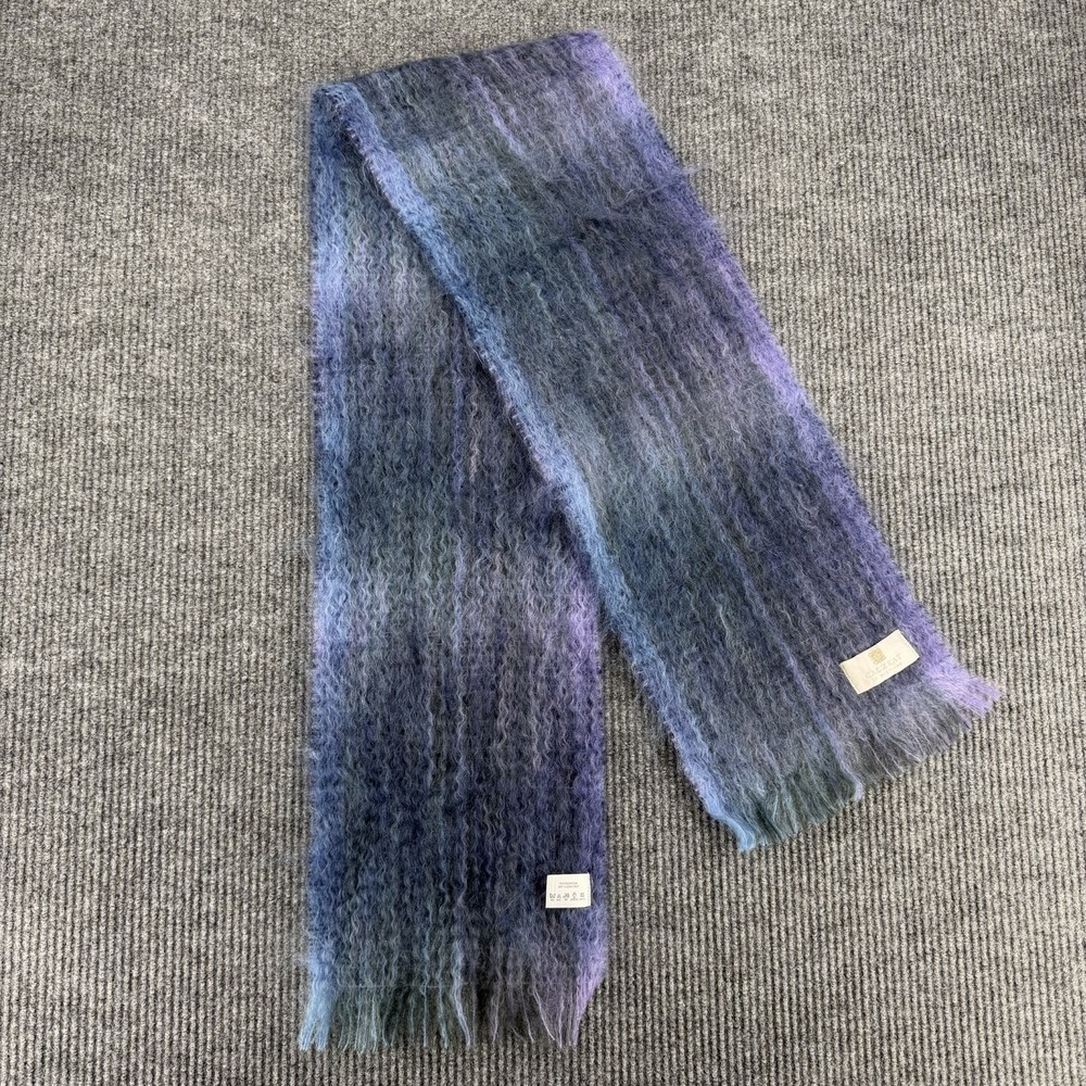 Calzeat Mohair Scarf Made Scotland Blue Purple Plaid Fuzzy Fringe